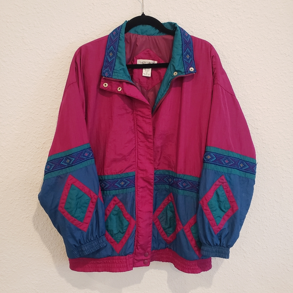 Vintage Windbreaker Lady Lavon Maroon Colorblock Jacket 80s 90s Size 1x